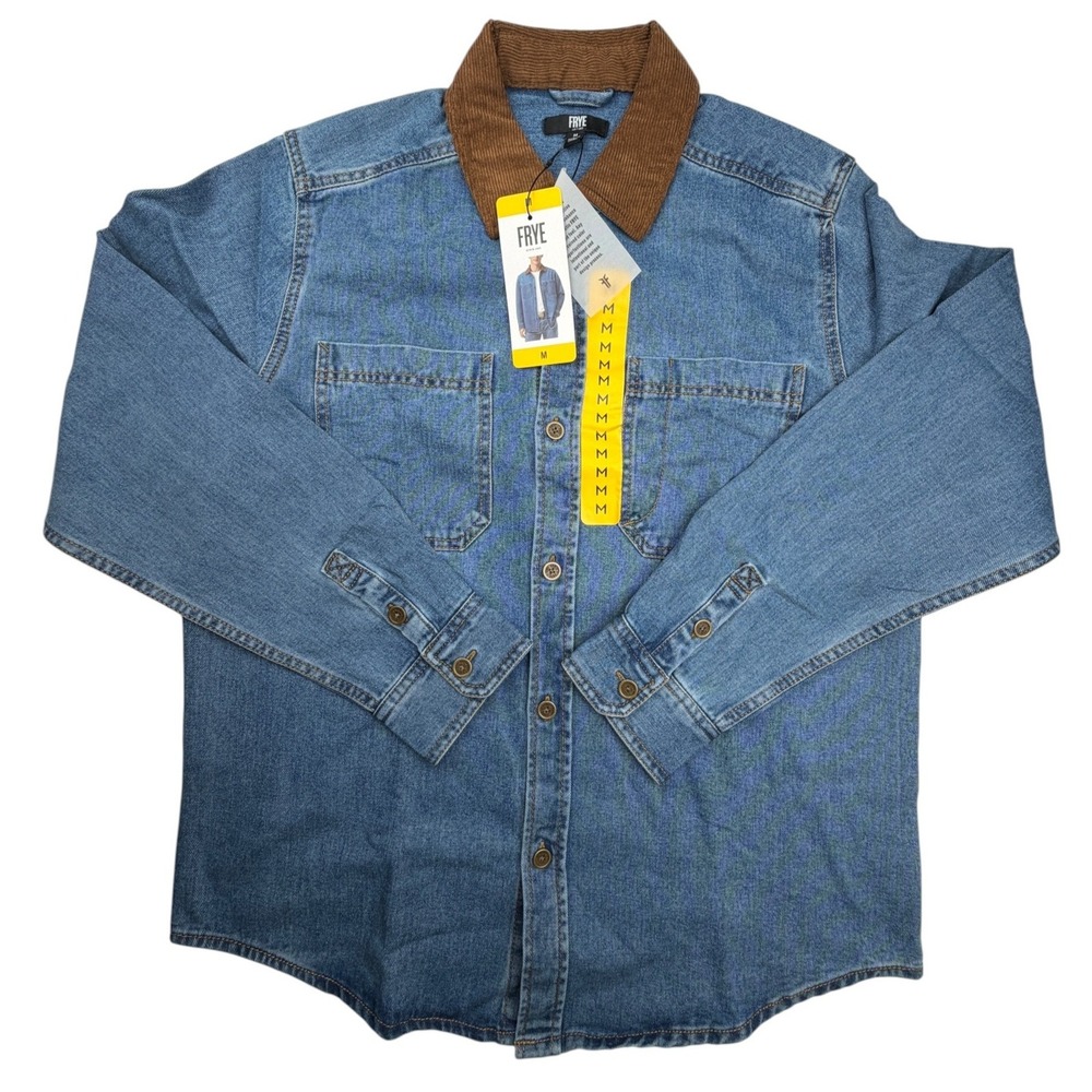 FRYE Barn Shacket Mens Medium Blue Denim Corduroy Collar Shirt Jacket Cotton NEW